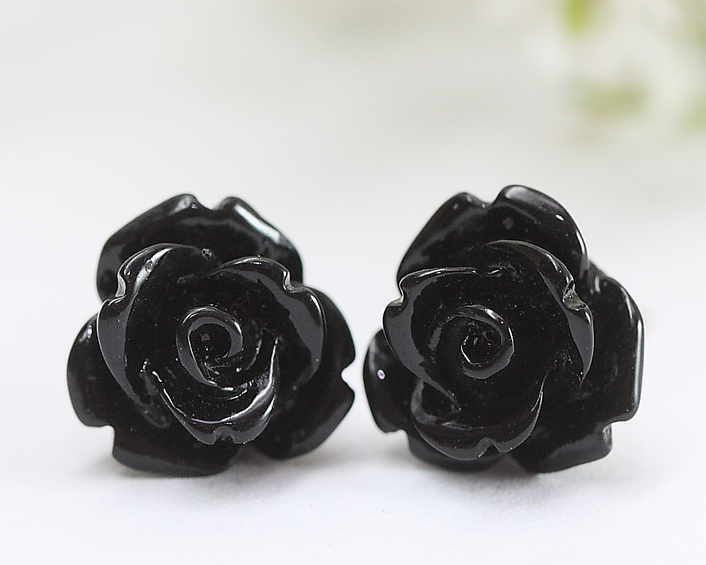 Black Rose Ear Posts, Bridal Jewelry, Bridesmaids Gift, Flowergirls Gift