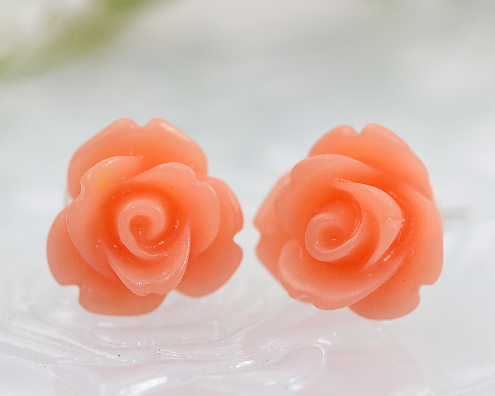 Frosted Orange Rose Ear Posts, Bridal Jewelry, Bridesmaids Gift, Flowergirls Gift