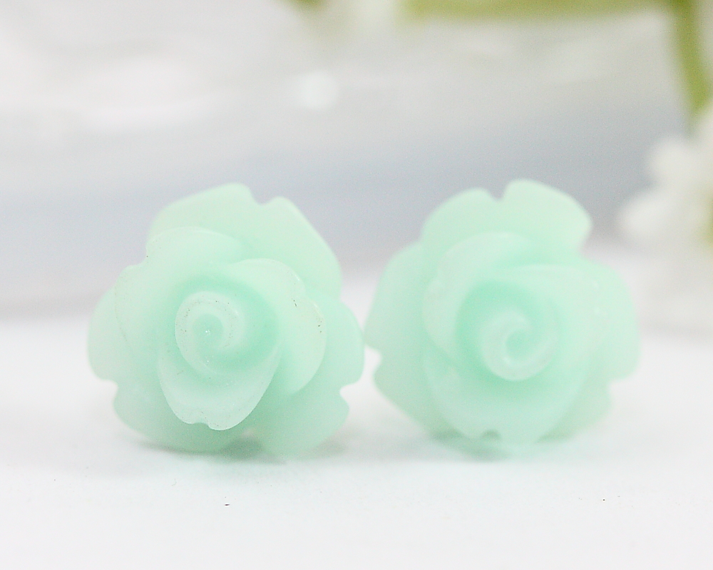 Frosted Pale Turquoise Rose Ear Posts, Bridal Jewelry, Bridesmaids Gift, Flowergirls Gift