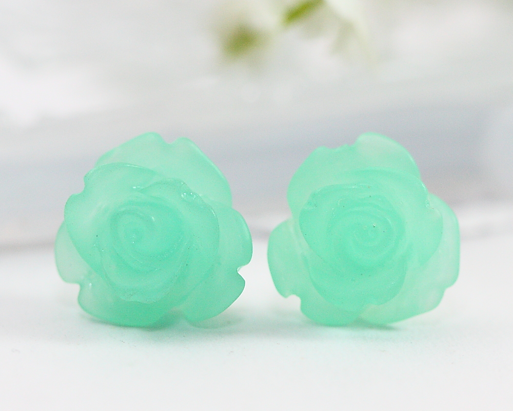 Frosted Light Turquoise Rose Ear Posts, Bridal Jewelry, Bridesmaids Gift, Flowergirls Gift