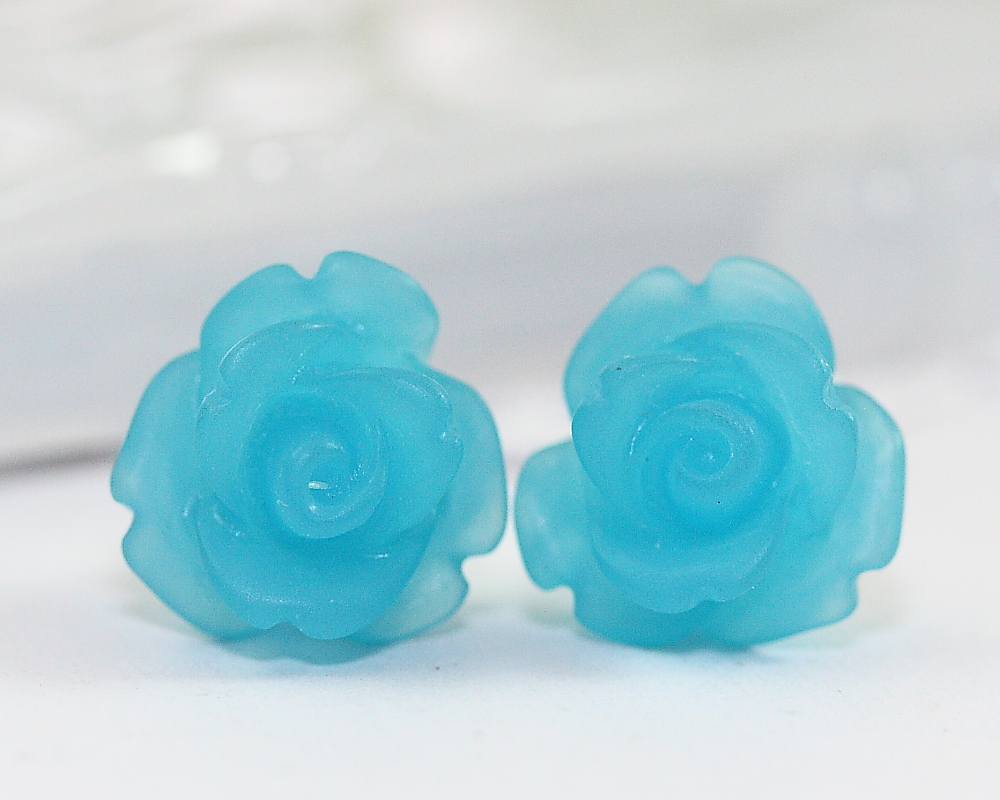 Frosted Blue Rose Ear Posts, Bridal Jewelry, Bridesmaids Gift, Flowergirls Gift