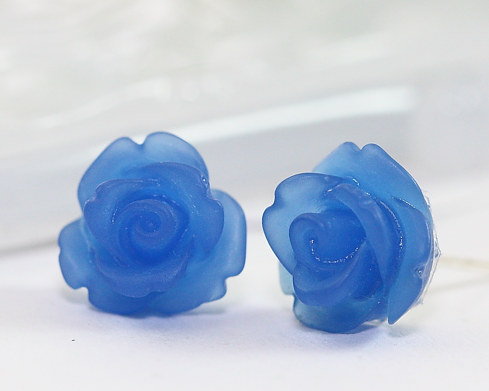 Frosted Dark Blue Rose Ear Posts, Bridal Jewelry, Bridesmaids Gift, Flowergirls Gift