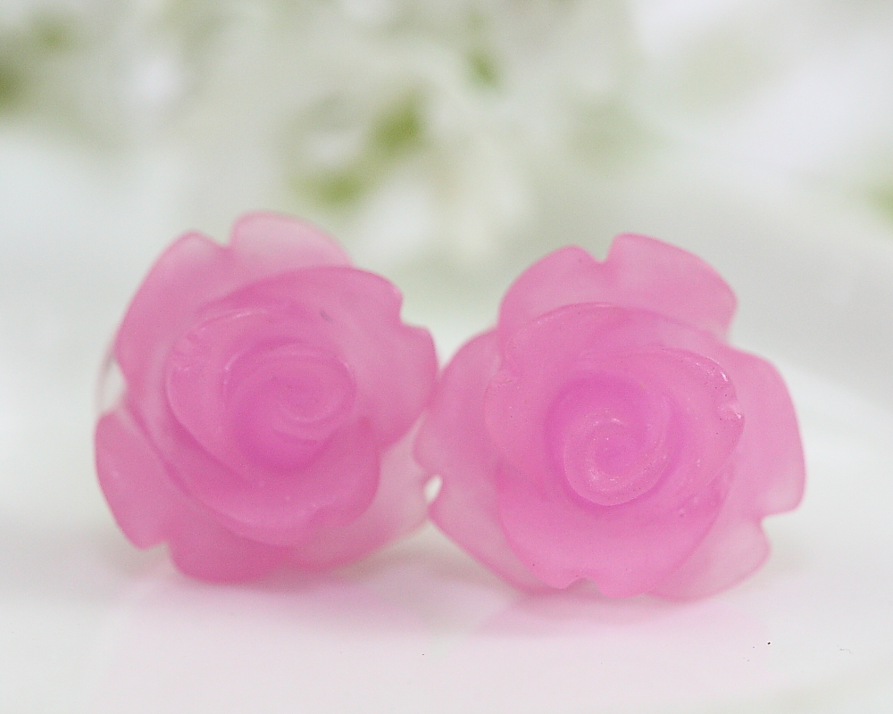 Frosted Pink Rose Ear Posts, Bridal Jewelry, Bridesmaids Gift, Flowergirls Gift