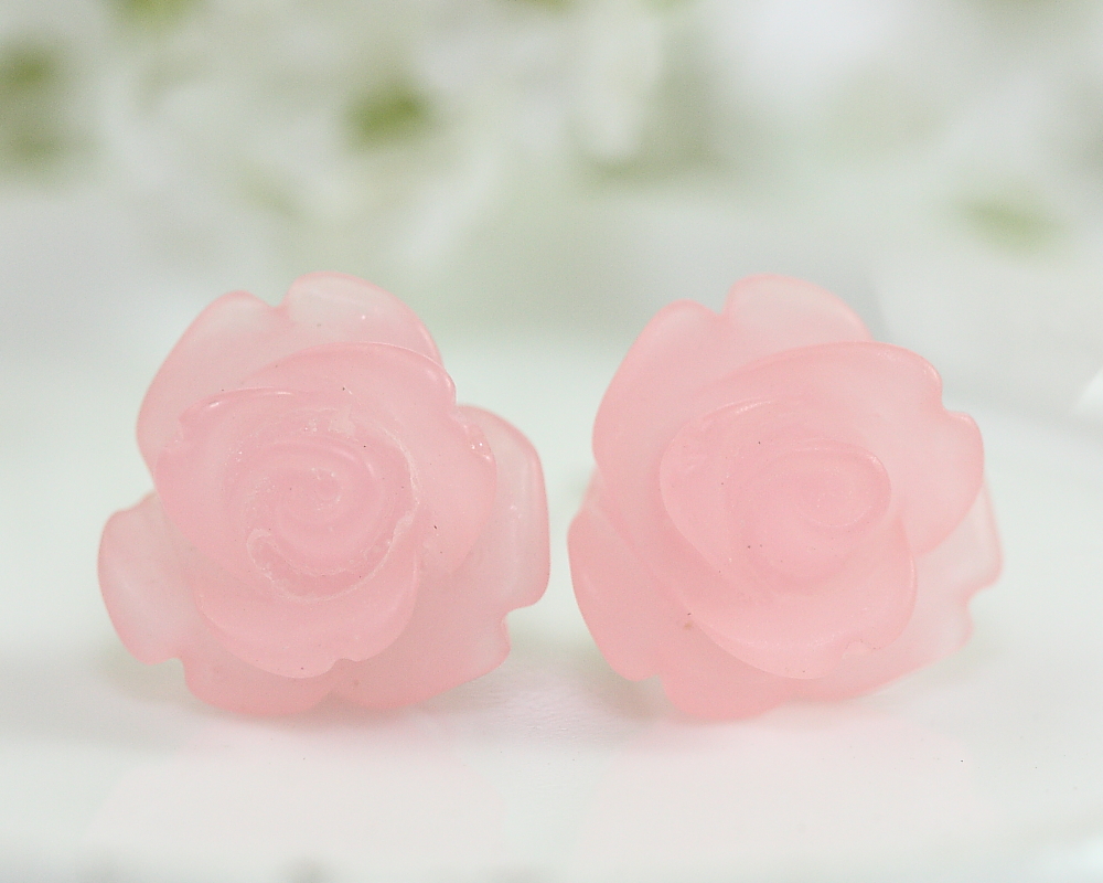 Frosted Light Pink Rose Ear Posts, Bridal Jewelry, Bridesmaids Gift, Flowergirls Gift