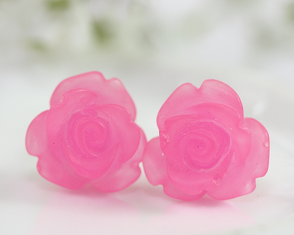 Frosted Fuchsia Rose Ear Posts, Bridal Jewelry, Bridesmaids Gift, Flowergirls Gift