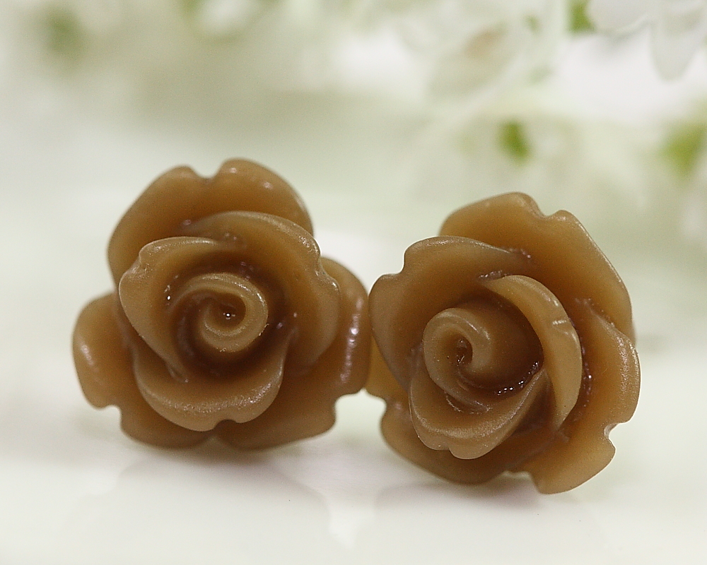 Frosted Brown Rose Ear Posts, Bridal Jewelry, Bridesmaids Gift, Flowergirls Gift