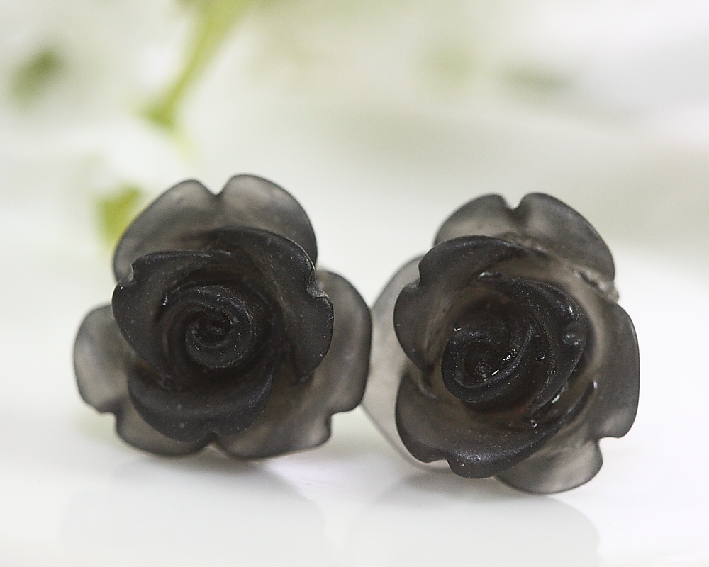Frosted Black Rose Ear Posts, Bridal Jewelry, Bridesmaids Gift, Flowergirls Gift
