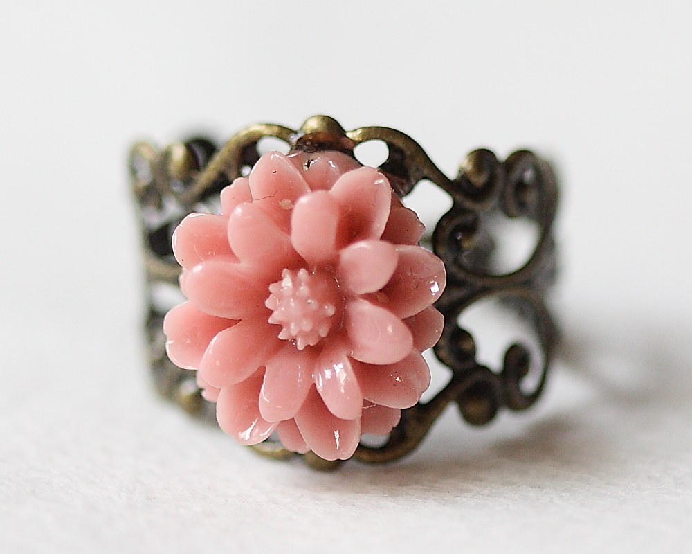 Coral Pink Chrysanthemum Flower Filigree Ring