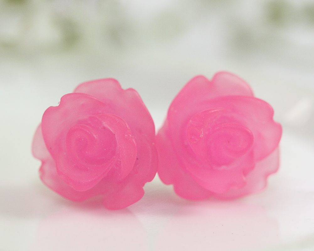 Frosted Fuchsia Rose Ear Posts, Bridal Jewelry, Bridesmaids Gift ...